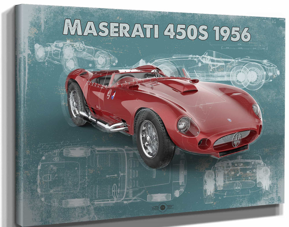 14" x 11" / Stretched Canvas Wrap Cutler West Maserati 450s 1956 Original Vintage Car Blueprint