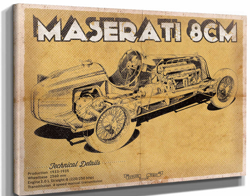 14" x 11" / Stretched Canvas Wrap Cutler West Maserati 8CM Racing Sports Car Print