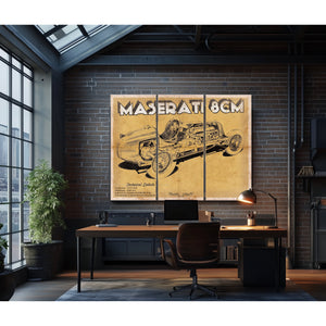 Maserati 8CM Blueprint Art Print as a 3 panel canvas wrap in an industrial loft office