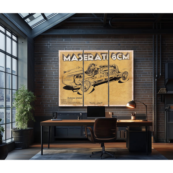 Maserati 8CM Blueprint Art Print as a 3 panel canvas wrap in an industrial loft office