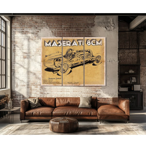 Maserati 8CM Blueprint Art Print as a 3 panel canvas wrap above a leather sofa