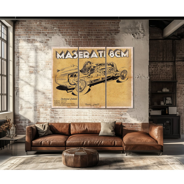 Maserati 8CM Blueprint Art Print as a 3 panel canvas wrap above a leather sofa