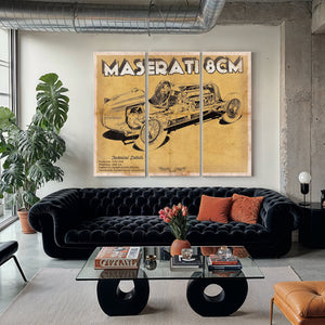 Maserati 8CM Blueprint Art Print as a 3 panel canvas wrap in a modern living room
