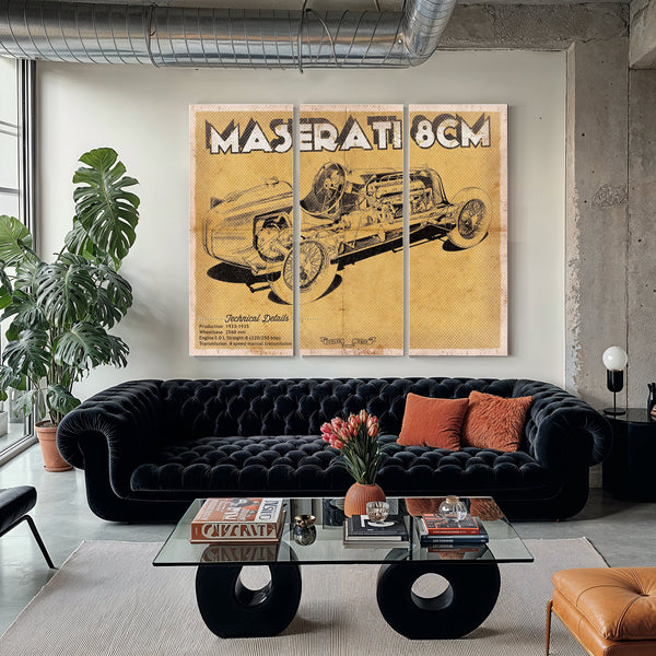 Maserati 8CM Blueprint Art Print as a 3 panel canvas wrap in a modern living room