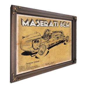 Maserati 8CM Blueprint Art Print in a Bourbon stained wood frame with antique gold corners