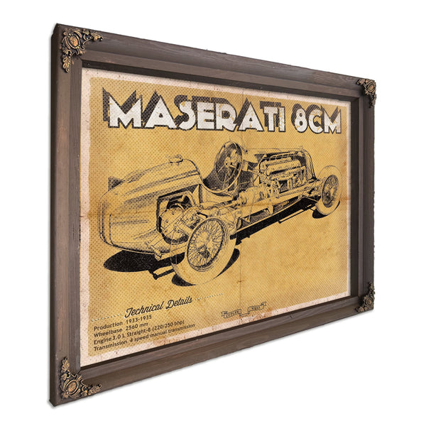 Maserati 8CM Blueprint Art Print in a Bourbon stained wood frame with antique gold corners