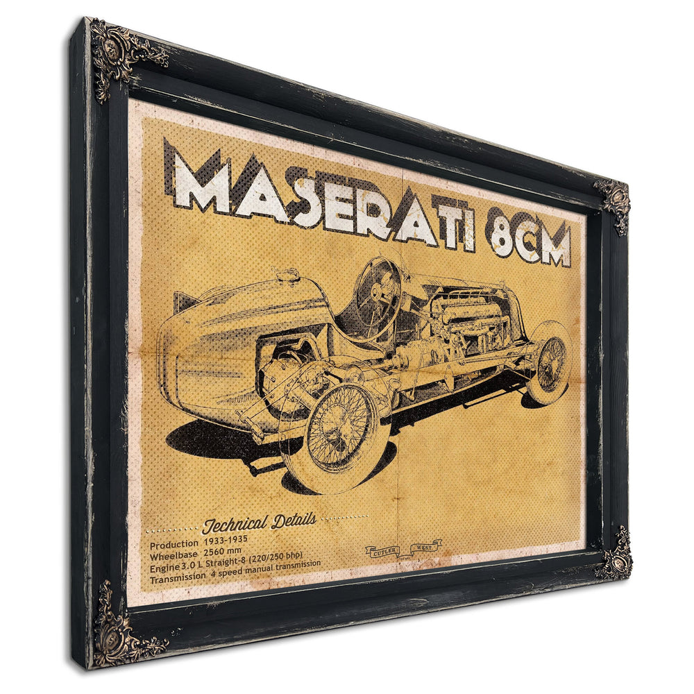 Maserati 8CM Blueprint Art Print in a distressed Vintage Black wood frame with ornate corners