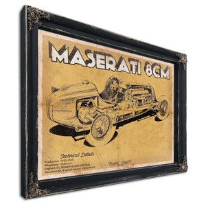 Maserati 8CM Blueprint Art Print in a distressed Vintage Black wood frame with ornate corners