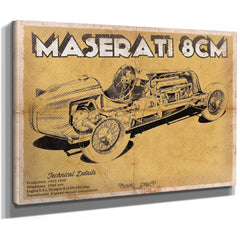 Maserati 8CM Blueprint Art Print as a stretched canvas wrap with gallery wrapped edges