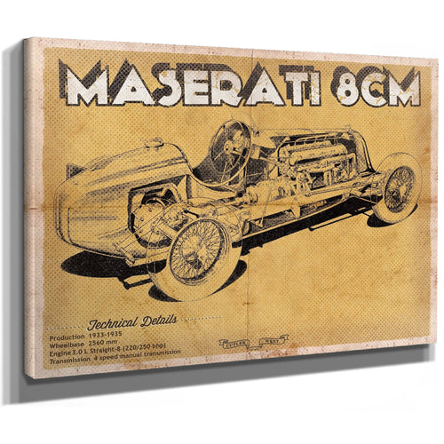 Maserati 8CM Blueprint Art Print as a stretched canvas wrap with gallery wrapped edges