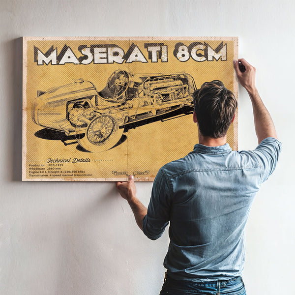 Maserati 8CM Blueprint Art Print framed in Vintage Black above a mid-century record console