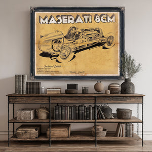 Maserati 8CM Blueprint Art Print canvas print size guide 24x18 36x24 48x36 inches