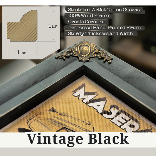 Vintage Black frame corner detail, 1.5 inch ornate wood moulding, Maserati 8CM Blueprint Art Print