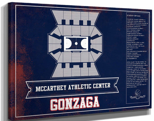14" x 11" / Stretched Canvas Wrap Cutler West McCarthey Athletic Center Gonzaga Bulldogs Team Colors Vintage Basketball Blueprint