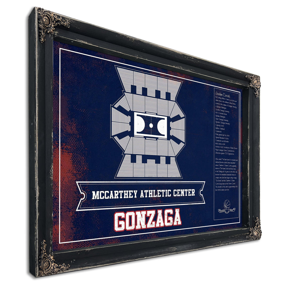 McCarthey Athletic Center Gonzaga Bulldogs Stadium Print in a distressed Vintage Black wood frame with ornate corners