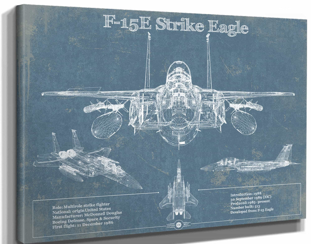 14" x 11" / Stretched Canvas Wrap Cutler West McDonnell Douglas F-15E Strike Eagle Vintage Aviation Blueprint Military Print - Custom Name and Squadron Text