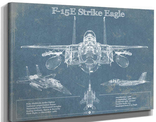 14" x 11" / Stretched Canvas Wrap Cutler West McDonnell Douglas F-15E Strike Eagle Vintage Aviation Blueprint Military Print - Custom Name and Squadron Text