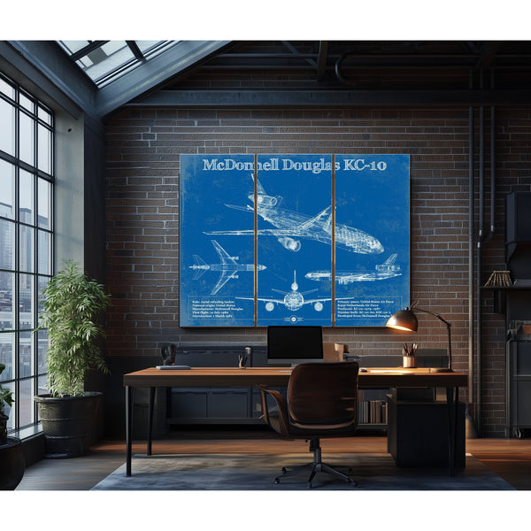 McDonnell Douglas KC-10 Extender Print as a 3 panel canvas wrap in an industrial loft office