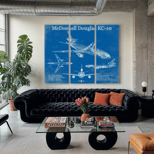 McDonnell Douglas KC-10 Extender Print as a 3 panel canvas wrap in a modern living room