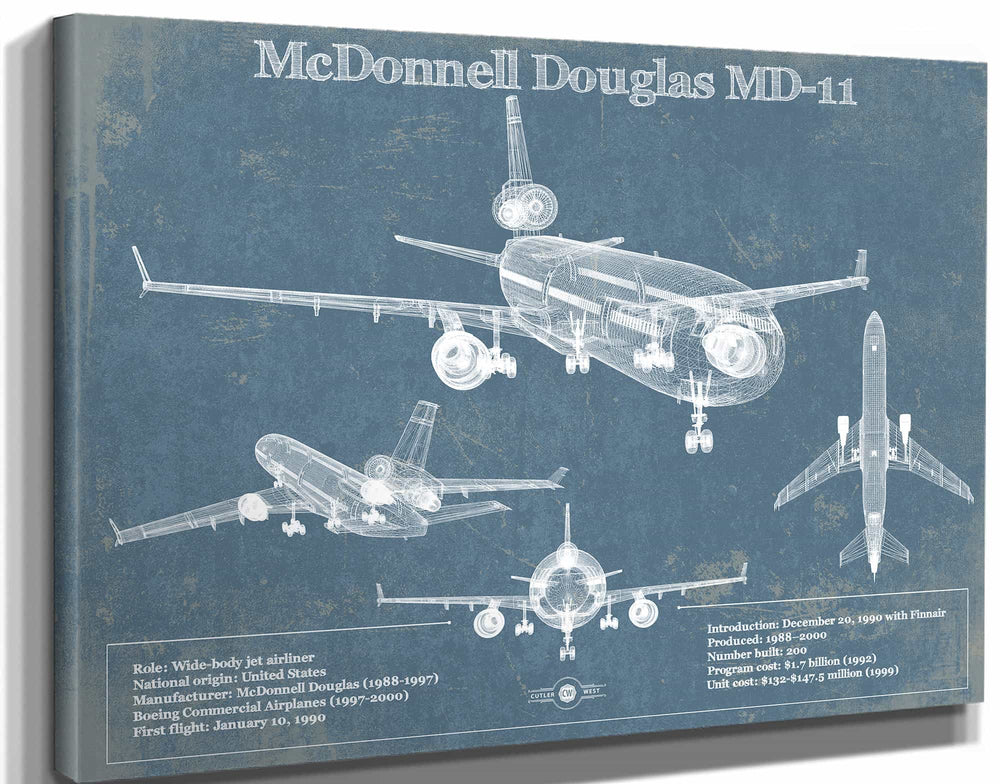 14" x 11" / Stretched Canvas Wrap Cutler West McDonnell Douglas MD-11 Vintage Aviation Blueprint Print