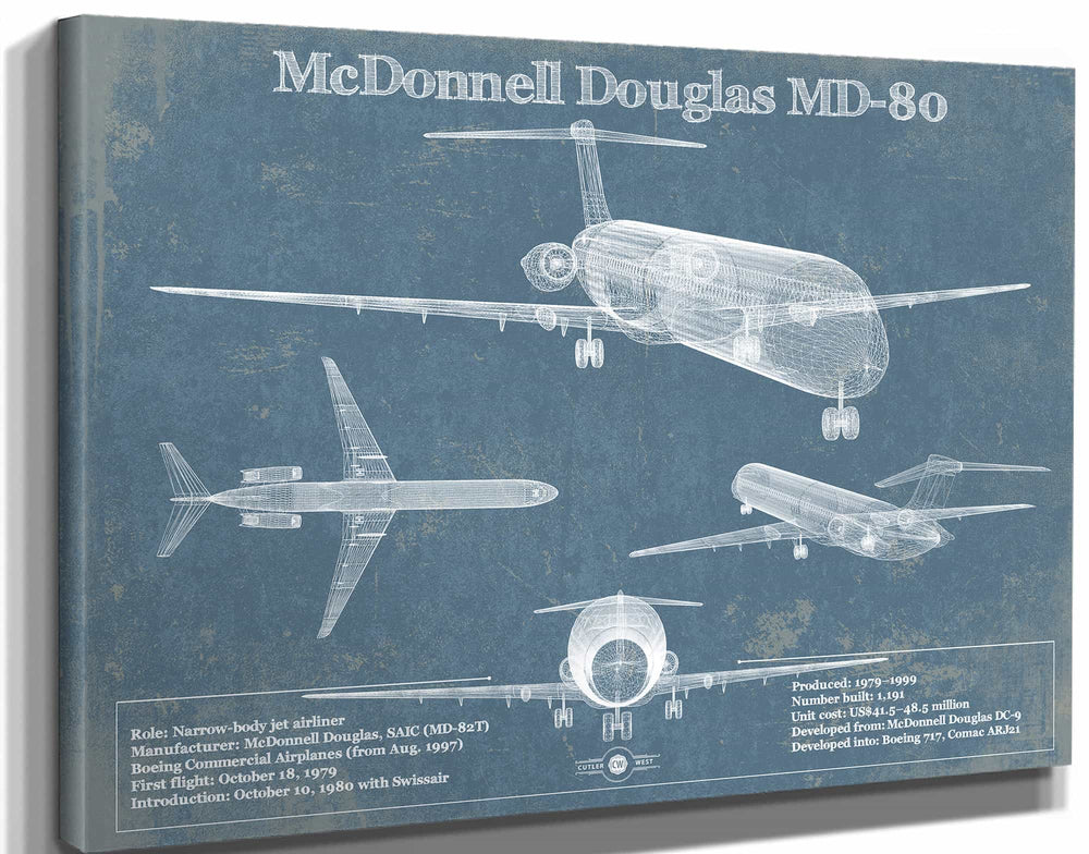 14" x 11" / Stretched Canvas Wrap Cutler West McDonnell Douglas MD-80 Vintage Aviation Blueprint Print