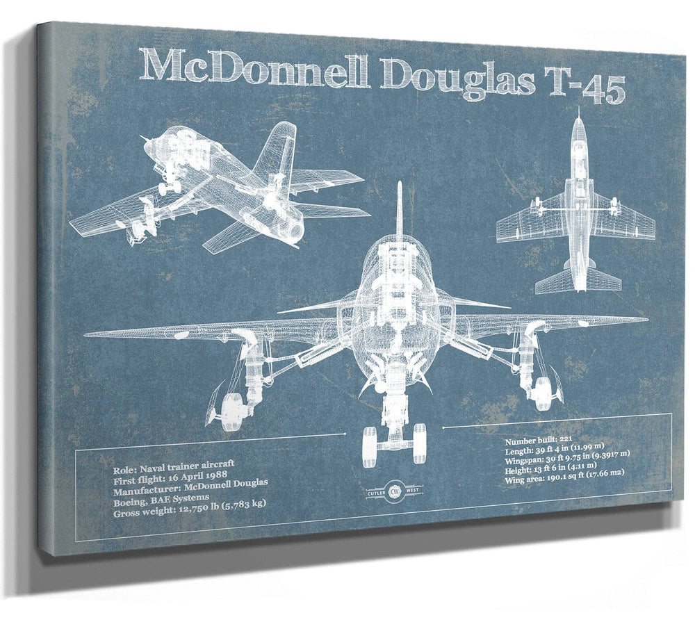 14" x 11" / Stretched Canvas Wrap Cutler West McDonnell Douglas T-45 Goshawk Blueprint Original Military Wall Art