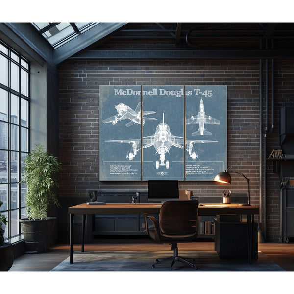 McDonnell Douglas T-45 Goshawk Print as a 3 panel canvas wrap in an industrial loft office