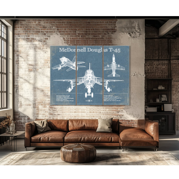McDonnell Douglas T-45 Goshawk Print as a 3 panel canvas wrap above a leather sofa