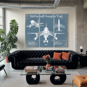 McDonnell Douglas T-45 Goshawk Print as a 3 panel canvas wrap in a modern living room