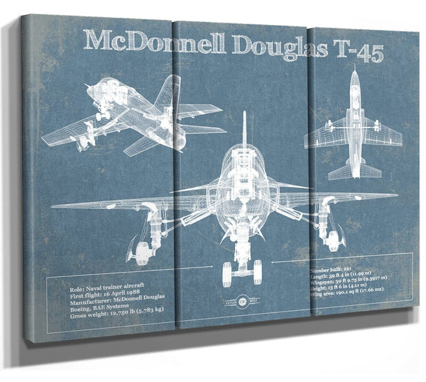 36" x 24" / 3 Panel Canvas Wrap Cutler West McDonnell Douglas T-45 Goshawk Blueprint Original Military Wall Art
