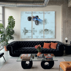 Mclaren M1b Blueprint Art Print as a 3 panel canvas wrap in a modern living room