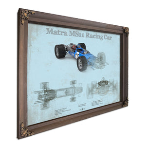 Mclaren M1b Blueprint Art Print in a Bourbon stained wood frame with antique gold corners