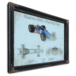 Mclaren M1b Blueprint Art Print in a distressed Vintage Black wood frame with ornate corners