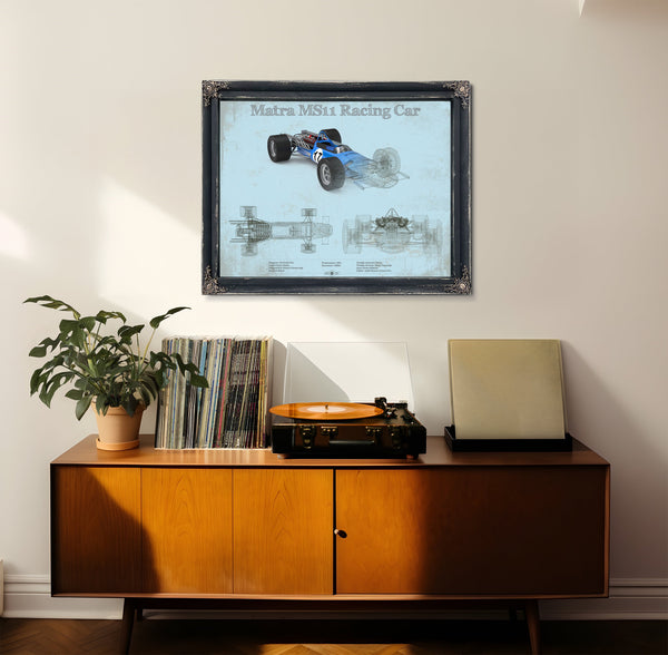 Mclaren M1b Blueprint Art Print framed in Vintage Black in a loft bedroom