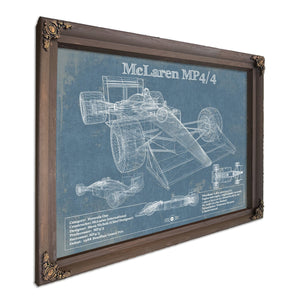 McLaren MP4-4 Formula One Blueprint Art Print in a Bourbon stained wood frame with antique gold corners