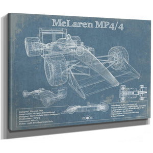 McLaren MP4-4 Formula One Blueprint Art Print as a stretched canvas wrap with gallery wrapped edges