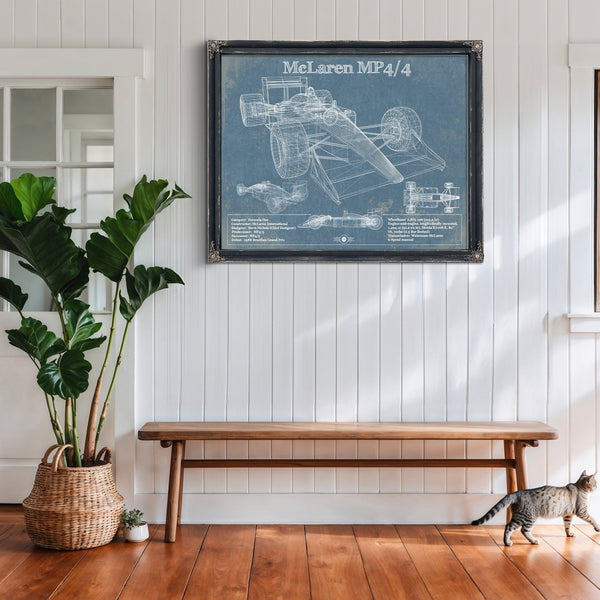 McLaren MP4-4 Formula One Blueprint Art Print framed in Vintage Black above a rustic console table
