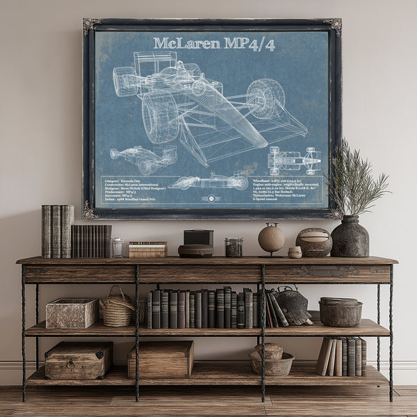 McLaren MP4-4 Formula One Blueprint Art Print canvas print size guide 24x18 36x24 48x36 inches