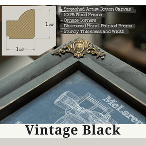 Vintage Black frame corner detail, 1.5 inch ornate wood moulding, McLaren MP4-4 Formula One Blueprint Art Print