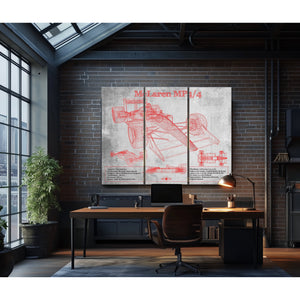 McLaren MP4-4 - Red and White Version Formula One Print as a 3 panel canvas wrap in an industrial loft office
