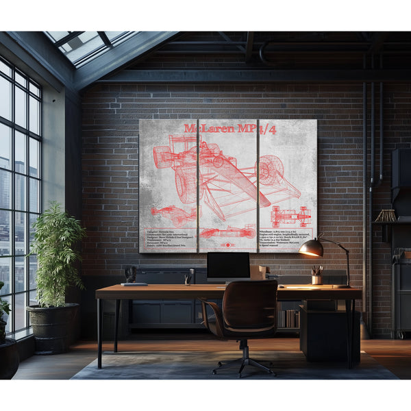 McLaren MP4-4 - Red and White Version Formula One Print as a 3 panel canvas wrap in an industrial loft office