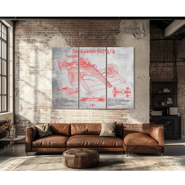 McLaren MP4-4 - Red and White Version Formula One Print as a 3 panel canvas wrap above a leather sofa