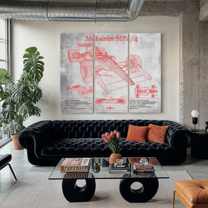 McLaren MP4-4 - Red and White Version Formula One Print as a 3 panel canvas wrap in a modern living room