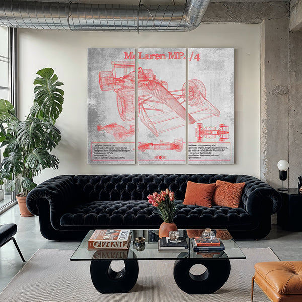 McLaren MP4-4 - Red and White Version Formula One Print as a 3 panel canvas wrap in a modern living room