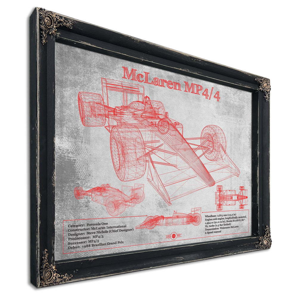 McLaren MP4-4 - Red and White Version Formula One Print in a distressed Vintage Black wood frame with ornate corners