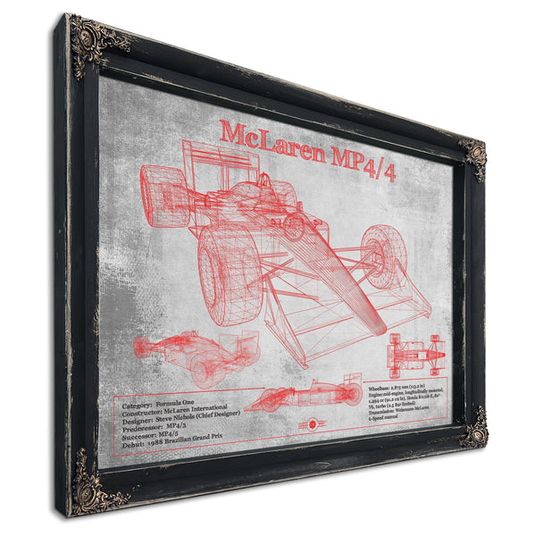 McLaren MP4-4 - Red and White Version Formula One Print in a distressed Vintage Black wood frame with ornate corners