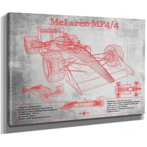 McLaren MP4-4 - Red and White Version Formula One Print as a stretched canvas wrap with gallery wrapped edges