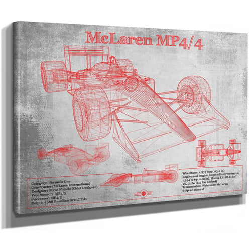 McLaren MP4-4 - Red and White Version Formula One Print as a stretched canvas wrap with gallery wrapped edges