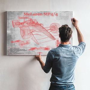 McLaren MP4-4 - Red and White Version Formula One Print framed in Vintage Black above a mid-century record console