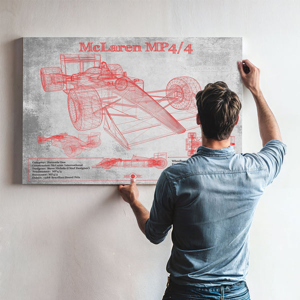 McLaren MP4-4 - Red and White Version Formula One Print framed in Vintage Black above a mid-century record console